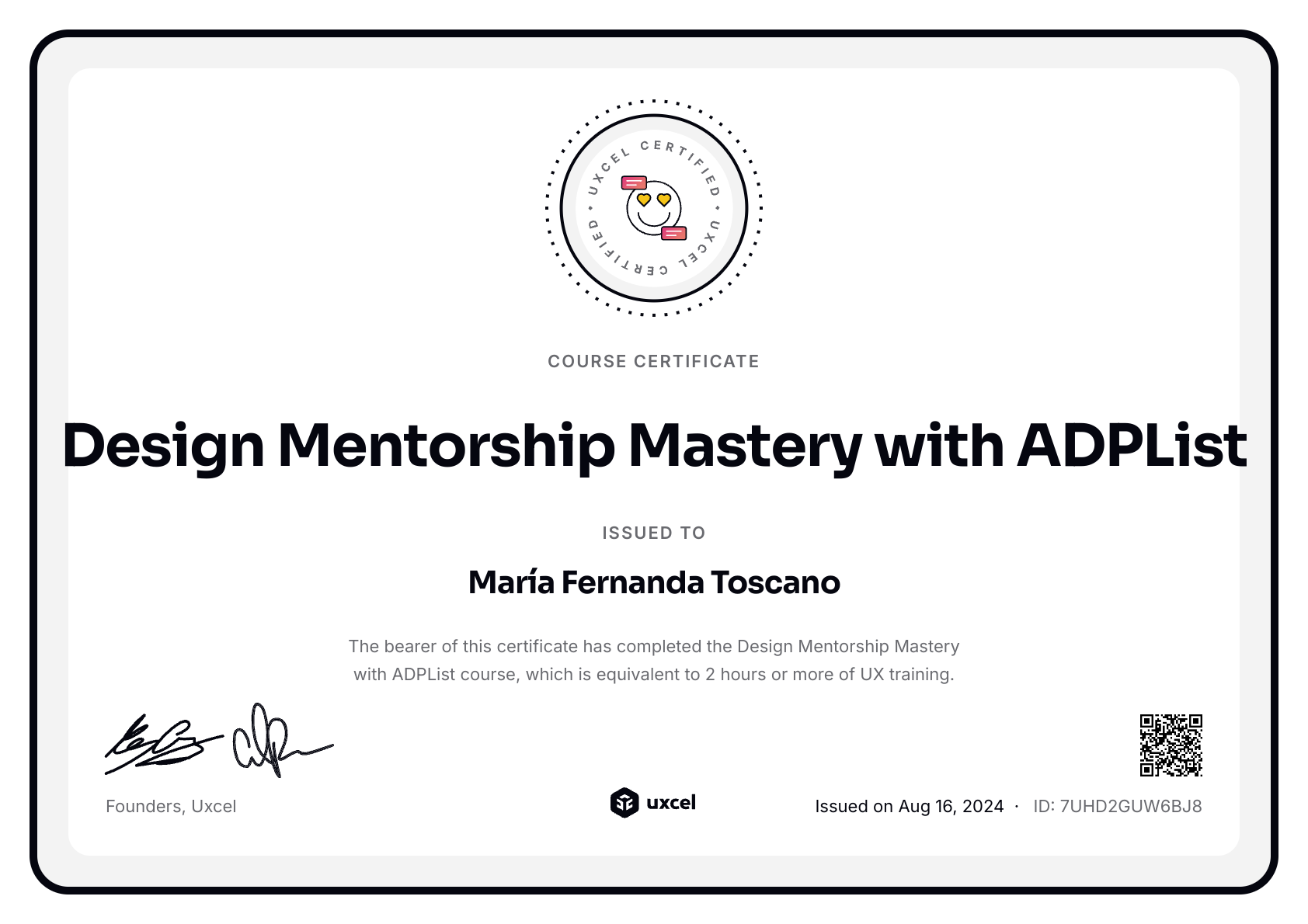 María Fernanda Toscano's certificate